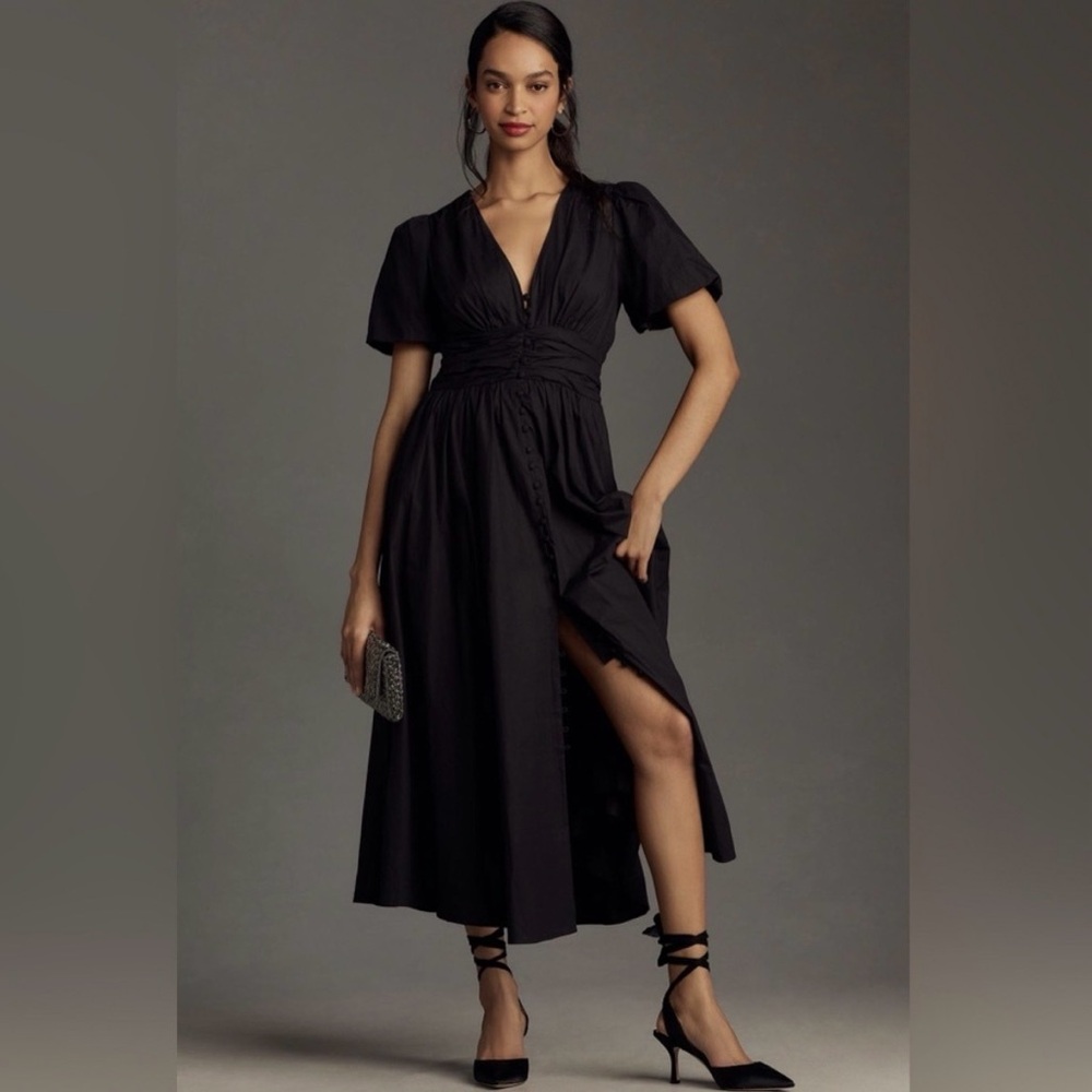 NWOT Anthropologie Katerina Button-Front Midi Dress Black